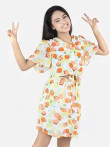 StyleStone Girls Yellow & Orange Tropical Printed Crepe A-Line Dress