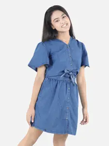 StyleStone Girls Blue Denim Shirt Tie knot Style Dress