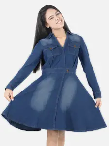 StyleStone Girls Blue Cotton Denim Shirt Dress