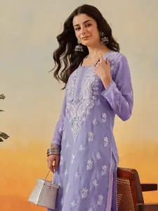 ADA Women Lavender Ethnic Motifs Embroidered Handloom Georgette Kurta with Slip