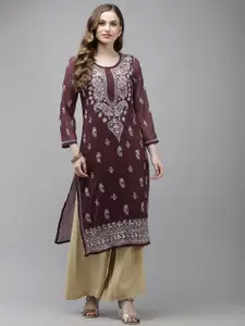 ADA Women Wine-Coloured Chikankari Hand Embroidered Handloom Georgette Kurta with Slip