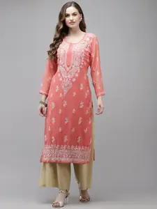 ADA Women Peach-Coloured Chikankari Hand Embroidered Handloom Georgette Kurta with Slip