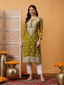 ADA Women Olive Green Chikankari Hand Embroidered Handloom Georgette Kurta with Slip