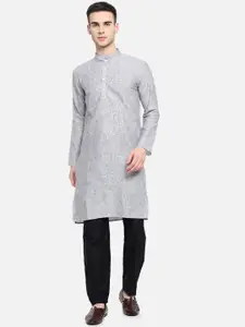 Vastraa Fusion Men Grey Flared Sleeves Chikankari Khadi Kurta