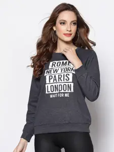 Sera Women Grey Melange Printed Sweatshirt