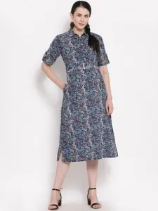 Indibelle Blue & Maroon Floral Cotton Shirt Dress