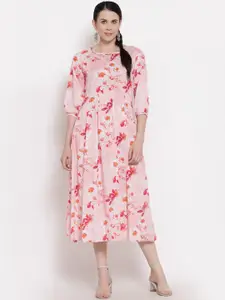 Indibelle Pink & Red Floral Keyhole Neck Ethnic A-Line Midi Dress