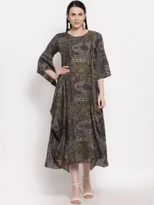 Indibelle Black & Brown Ethnic A-Line Midi Dress