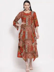 Indibelle Maroon & Beige Ethnic A-Line Midi Dress