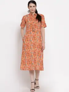 Indibelle Orange & White Floral Cotton Ethnic A-Line Midi Dress