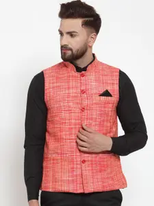 KLOTTHE Men Red & Yellow Woven Design Pure Cotton Nehru Jacket