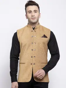 KLOTTHE Men Beige Woven Design Nehru Jacket
