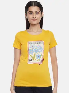 Honey by Pantaloons Women Mustard Yellow & White Printed Pure Cotton T-shirt