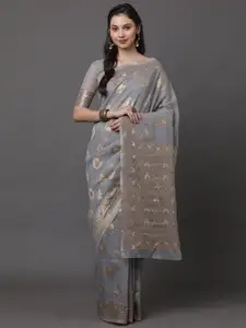 Mitera Grey & Gold-Toned Ethnic Motifs Zari Linen Blend Banarasi Saree