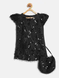 Bella Moda Black Sequined Embellished A-Line Dress with Sling Bag