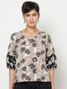 Fabindia Grey & Black Floral Linen Regular Top