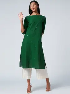 OKHAI Women Green Embroidered Extended Sleeves Mirror Work Handloom Cotton Kurta