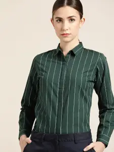 Hancock Women Green Slim Fit Striped Pure Cotton Formal Shirt