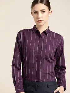Hancock Women Purple Slim Fit Striped Pure Cotton Formal Shirt
