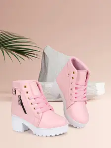 TWIN TOES Pink & White Platform Heeled Boots with Laser Cuts
