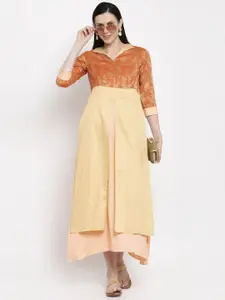 DUGRI BE THE ONE Gold-Toned Floral A-Line Midi Dress
