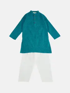 indus route by Pantaloons Boys Teal Striped Regular Pure Cotton Kurta with Pyjamas