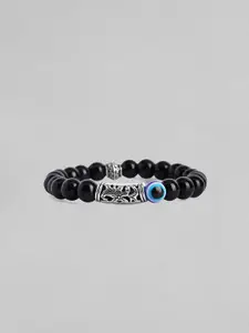 The Roadster Lifestyle Co Men Black & Silver-Toned Beaded Handcrafted Elasticated Bracelet