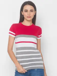 Globus Women Red Striped Half Sleeves Sweatshirt