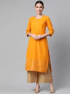Rangriti Women Mustard Yellow Woven Design Kurta