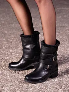 Saint G Women Black Buckle Decorative High Ankle Leather Boots