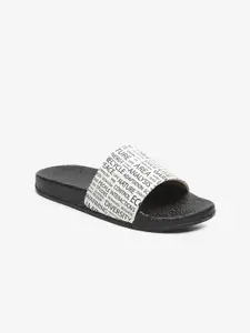 Misto Women White & Black Printed Sliders