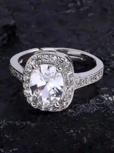 KARATCART Silver-Plated White Stone-Studded Adjustable Finger Ring