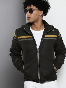 The Indian Garage Co Men Hooded Slim Fit Bomber Jacket with Zippered Insert Pockets