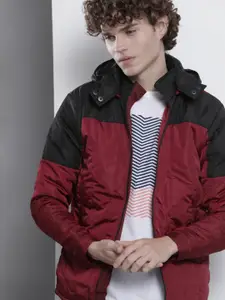 The Indian Garage Co Men Colourblock Zip-Front Slim Fit Bomber Jacket with Detachable Hood