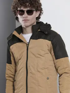 The Indian Garage Co Men Beige & Black Colourblocked Detachable Hood Padded Jacket