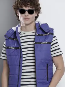 The Indian Garage Co Men Blue Solid Padded Detachable Hood Jacket