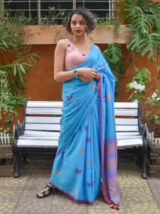 Suta Women Blue Animal Motif Handloom Cotton Saree