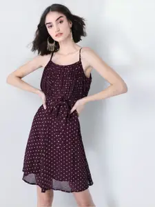 FabAlley Maroon Self Design Fit and Flare Dress