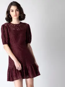 FabAlley Maroon Lace A-Line Dress