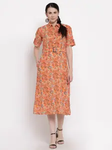Indibelle Orange Floral Shirt Cotton Midi Dress