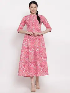 Indibelle Pink Floral Printed Fit & Flared Midi Dress