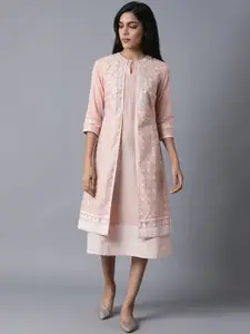 W Women Peach Ethnic Motifs Embroidered Keyhole Neck Layered Ethnic A-Line Midi Dress