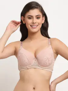 MAKCLAN Nude-Coloured Floral Plunge Bra Underwired Lightly Padded