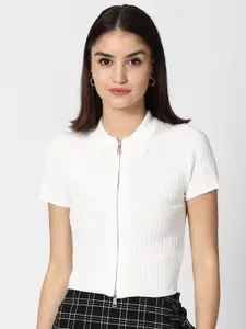 FOREVER 21 Women Cream Ribbed Front Zip Top