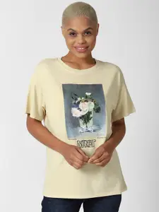 FOREVER 21 Women Beige Printed Drop-Shoulder Sleeves T-shirt