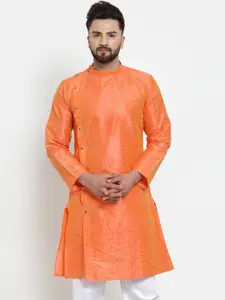 KLOTTHE Men Orange Flared Sleeves Chikankari Raw Silk Raw Silk Kurta
