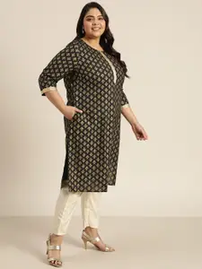 Sztori Women Plus Size Black & Golden Ethnic Motifs Printed Pure Coton Kurta