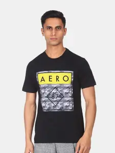 Aeropostale Men Black & Yellow Graphic Printed Pure Cotton T-shirt