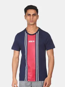 Aeropostale Men Blue & Pink Striped Pure Cotton T-shirt