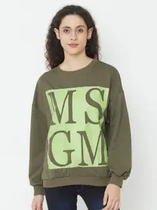 iki chic Women Olive Green & Green Typography Printed Pure Cotton Sweatshirt